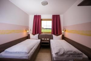 Duas camas num quarto com uma janela em Ferienwohnungen Chiemgauer Seenglück em Obing