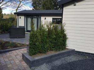 una casa con un portico e cespugli di fronte di Huisjes Putten Reewold luxe chalet in rustige en mooie omgeving a Putten