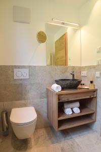 a bathroom with a sink and a toilet and a mirror at Aurela Mountain Chalets in Selva di Val Gardena +57 photos