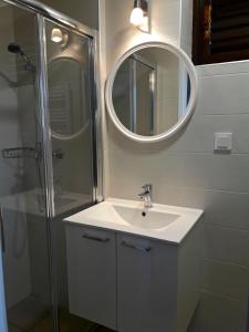ein Bad mit einem Waschbecken und einer Dusche mit einem Spiegel in der Unterkunft Apartment Stipčić-Mrežnički Brig in Duga Resa