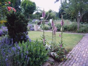 a garden with purple flowers and a brick walkway at La-Perchade in Huissen