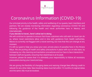 a page of a brochure for coronavirus information at Beautiful house on beach zone Tulum in Tulum