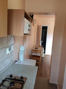 a small kitchen with a stove and a sink at Margitapartman in Bük