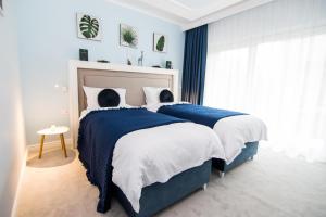 巴克烏的住宿－DoubleL Studios，一间卧室配有两张带蓝白色床单的床