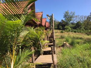 eine Holztreppe, die zu einem Haus auf einem Feld führt in der Unterkunft Tree Lodge in Sen Monorom