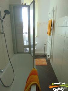 ein Bad mit einer Dusche und einem Waschbecken in der Unterkunft Ferienwohnung August 30 in Gelenau