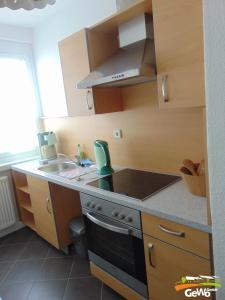 a small kitchen with a stove and a sink at Ferienwohnung August 30 in Gelenau