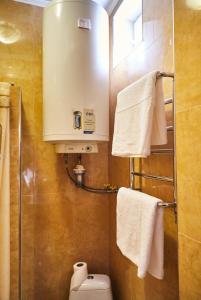 a bathroom with a toilet and towels on a wall at Mirrors in Vinnytsya