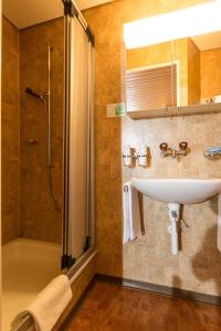 a bathroom with a sink and a shower at Hotel Oberland in Lauterbrunnen