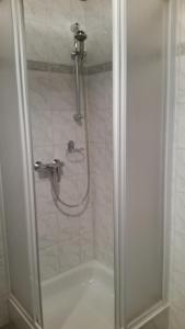 W łazience znajduje się prysznic ze szklanymi drzwiami. w obiekcie Ferienhaus Lanzl w mieście Gamlitz