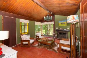 sala de estar con muebles y chimenea en Hostería El Galpón Del Glaciar en El Calafate