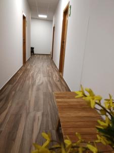 um corredor vazio com pisos e portas de madeira em Apartamentos Antares 2 em Milladoiro