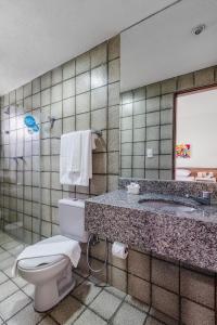 a bathroom with a toilet and a sink and a mirror at Citi Hotel Express Caruaru in Caruaru