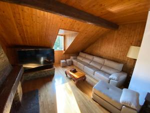 an attic living room with a couch and a fireplace at El Niu de l’Àguila (Camprodon) in Camprodon