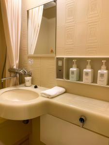 uma casa de banho com um lavatório e um espelho em Niseko Ski Lodge - Higashiyama em Niseko
