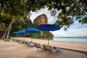 a row of chairs and umbrellas on a beach at Railay Bay Resort & Spa-SHA Extra Plus in Railay Beach