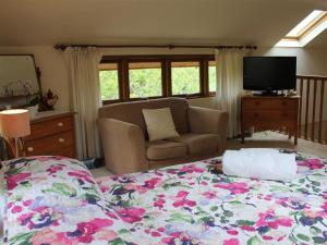 ein Wohnzimmer mit einem Bett, einem Sofa und einem TV in der Unterkunft The Cider Barn in Flaxley