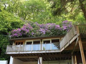 a house with a balcony with purple flowers on it at Treetops in Parracombe