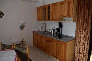 een keuken met houten kasten en een aanrecht bij Apartmán Danuška Harrachov in Harrachov