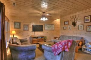 Una sala de estar con muebles y un televisor de pantalla plana. en Aska Adventure Lodge, en Blue Ridge