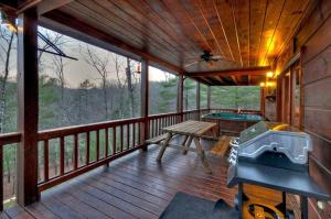 a screened in porch with a pool table and a grill at Big Buck Lodge in Blue Ridge