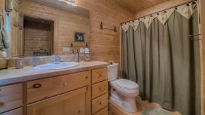 a bathroom with a toilet and a sink in a log cabin at Cubs Cabin in Blue Ridge +23 photos