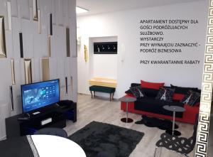 een woonkamer met een bank en een tv bij Apartament centrum Sienkiewicza WIEŻA EIFFLA PROMENADA -KLIMATYZACJA- in Kielce