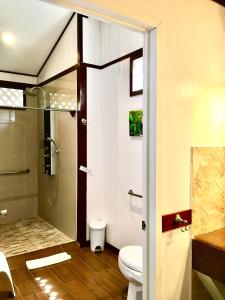
a bathroom with a toilet a sink and a shower at Hotel El Encanto in Cahuita
