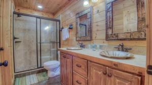 a bathroom with a shower and a sink and a toilet at Laurel Valley Lodge in Blue Ridge +37 photos