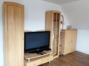 a flat screen tv sitting on top of a wooden entertainment center at Ferienwohnung Martina in Sinzing