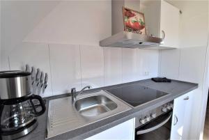 una piccola cucina con lavandino e piano cottura di Ferienwohnung T _ T 2 a Malente