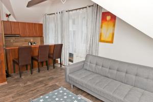 a living room with a couch and a kitchen at Penzion pod svahem in Železná Ruda