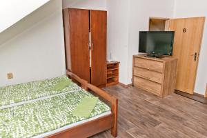 a bedroom with two beds and a tv on a dresser at Penzion pod svahem in Železná Ruda