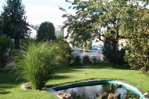 einen Garten mit einem Teich im Gras in der Unterkunft Gästehaus am Weiher in Weil am Rhein