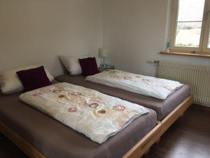 dos camas sentadas una al lado de la otra en una habitación en Gästehaus am Weiher en Weil am Rhein