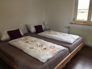 zwei Betten nebeneinander in einem Zimmer in der Unterkunft Gästehaus am Weiher in Weil am Rhein
