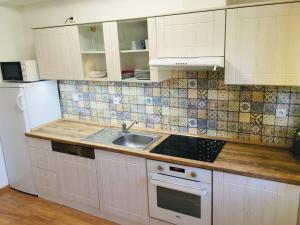 a kitchen with white cabinets and a sink and a refrigerator at Apartmány Rychtaříkovi in Černý Dŭl