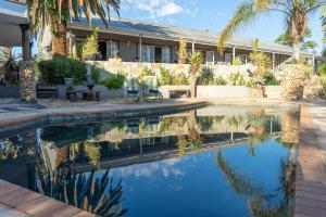 a swimming pool with palm trees and a house at Aloe Manor in Oudtshoorn