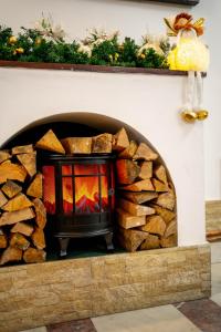 
a fireplace with a fire place in it at Piscul Negru Hotel - Transfagarasan in Cumpăna
