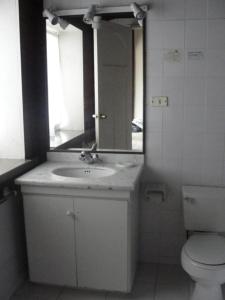 La salle de bains est pourvue d'un lavabo, de toilettes et d'un miroir. dans l'établissement Hotel Chalet Suizo, à Viña del Mar