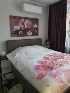 ein Schlafzimmer mit einem Bett mit rosa Blumen drauf in der Unterkunft VIP apartment & parking in Sofia
