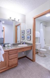 a bathroom with a sink and a toilet and a mirror at Woodlands on Fall River in Estes Park