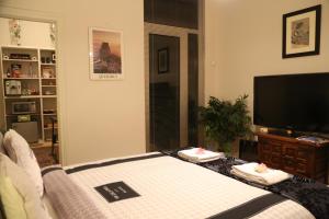 a living room with a bed and a tv at Antonius Bed and Breakfast in Arnhem