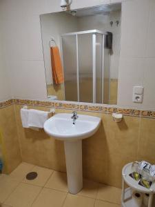 y baño con lavabo y espejo. en Hotel Mesón El Número Uno, en Antequera