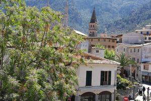 a view of a town with a mountain in the background at Casa Es Mercat in Sóller