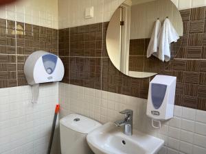 a bathroom with a toilet and a sink and a mirror at Piejūras Kempings in Ventspils +29 photos