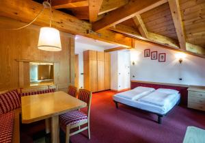a room with a bed, a chair, and a tv at Ambiez Residencehotel in Madonna di Campiglio