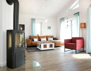 ein Wohnzimmer mit einem Sofa und einem Kamin in der Unterkunft Dänische Ferienhäuser am Salzhaff Haus Midsommer in Malchow