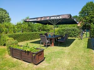 una mesa y sillas bajo una sombrilla en un jardín en FeWo Windrose, en Gollwitz