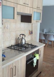 uma cozinha com um fogão e uma chaleira. em Mieszkanie u Dominiki INPIW01 em Piwniczna